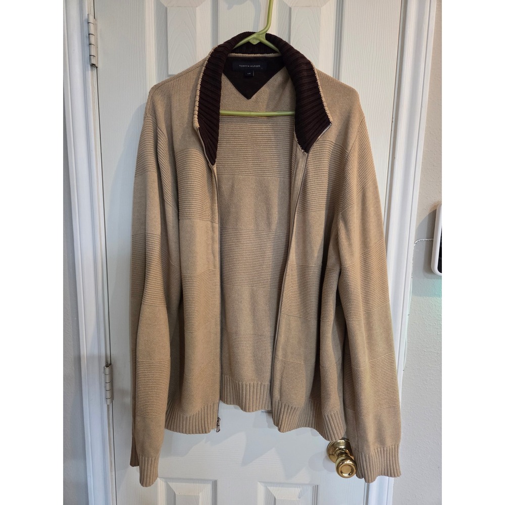 Tommy Hilfiger Mens Full Zip Cardigan Sweater Tan Beige Brown Mock Neck Large